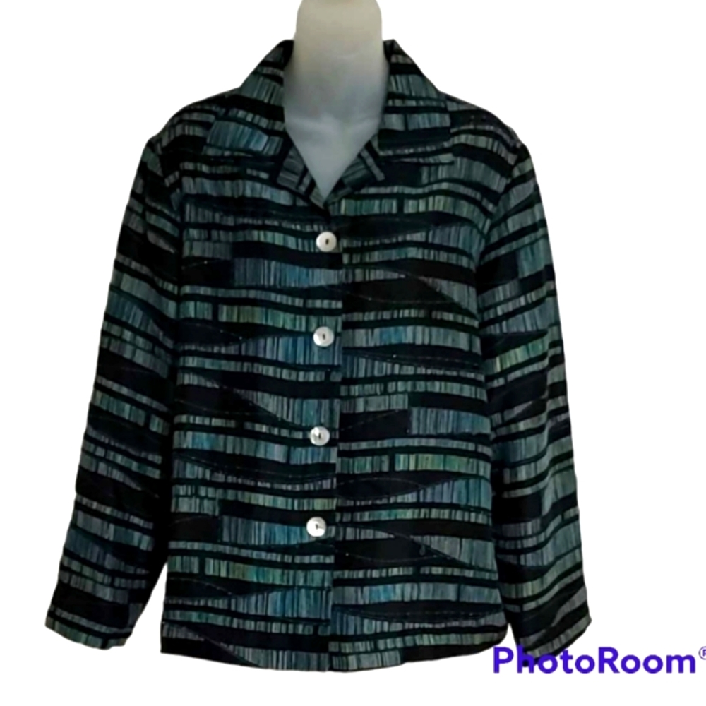 MIRASOL Teal Green Stripe Beaded 100% Silk Jacket Womens Size Large ButtonUp